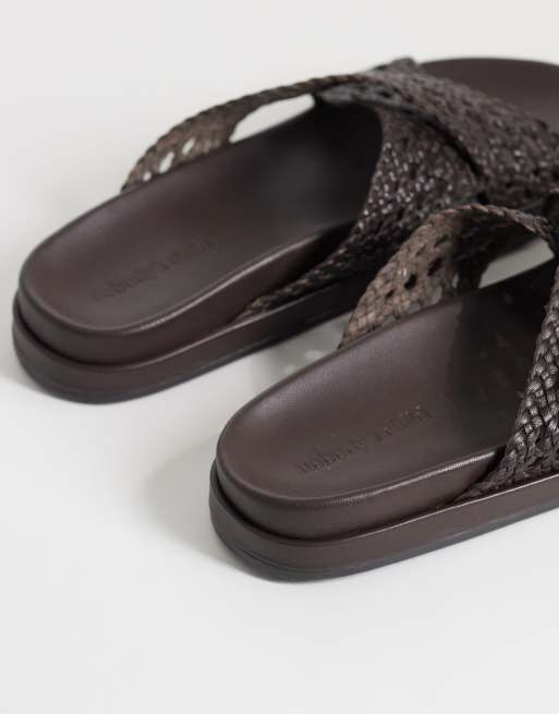 Nobody's Child real leather woven cross strap slider in chocolate, 4 of 4