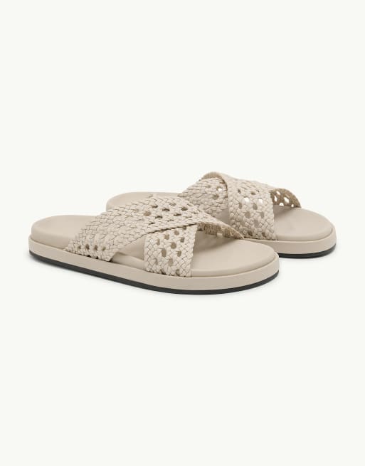 Nobody's Child real leather woven cross strap slider in white, 2 of 4