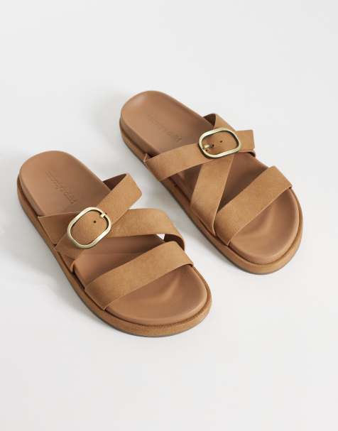 Nobody's Child real suede cross over buckle detail sandals in tan - view 1