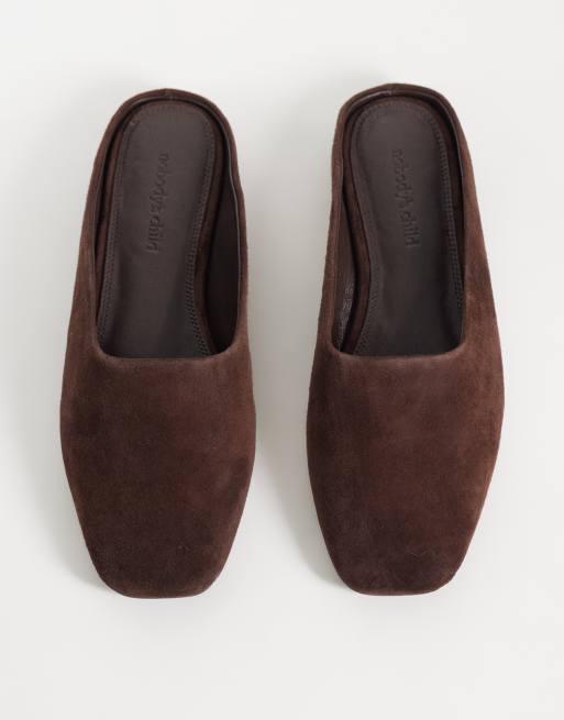 Nobody's Child real suede square toe open back ballerina shoe in chocolate, 2 of 4