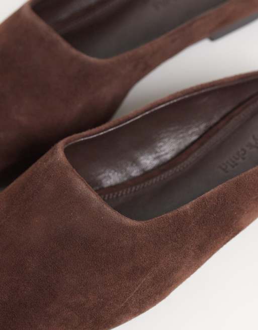 Nobody's Child real suede square toe open back ballerina shoe in chocolate, 3 of 4