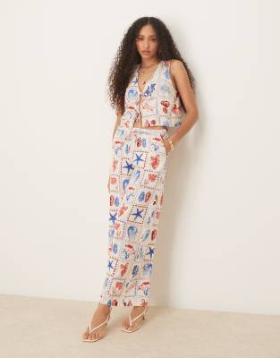 Nobody's Child - Reese - Leinen-Hose mit Fliesen-Muschelprint und weitem Bein, Kombiteil-Bunt