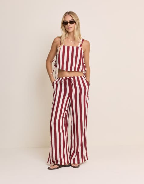 Nobody's Child Reese linen blend drawstring wide leg pants in red stripe - view 1