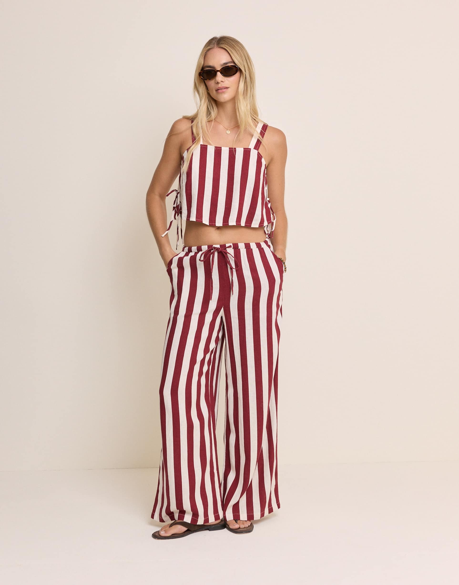 nobody's child reese linen blend drawstring wide leg pants in red stripes