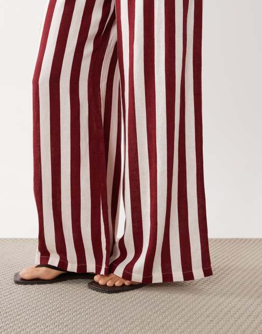 Nobody's Child Reese linen blend drawstring wide leg pants in red stripes, 4 of 5
