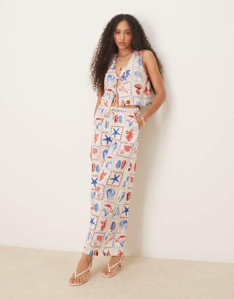 Nobody's Child Reese linen wide leg trousers co-ord in shell tile print