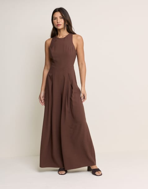 Nobody's Child Reign linen blend sleeveless pleat detail jumpsuit in brown - view 1