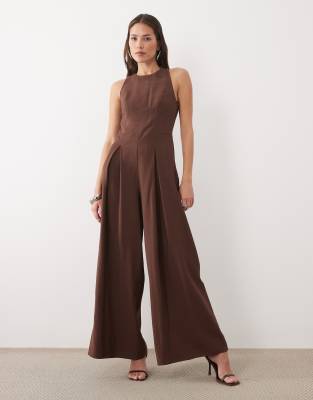 Nobody's Child Reign Linen Blend Sleeveless Pleated Detailing Jumpsuit In Brown