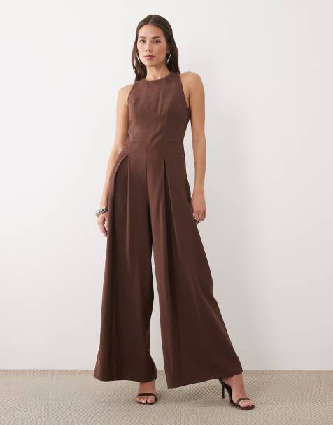 Nobody's Child Reign linen blend sleeveless pleated detailing jumpsuit in brown - view 1