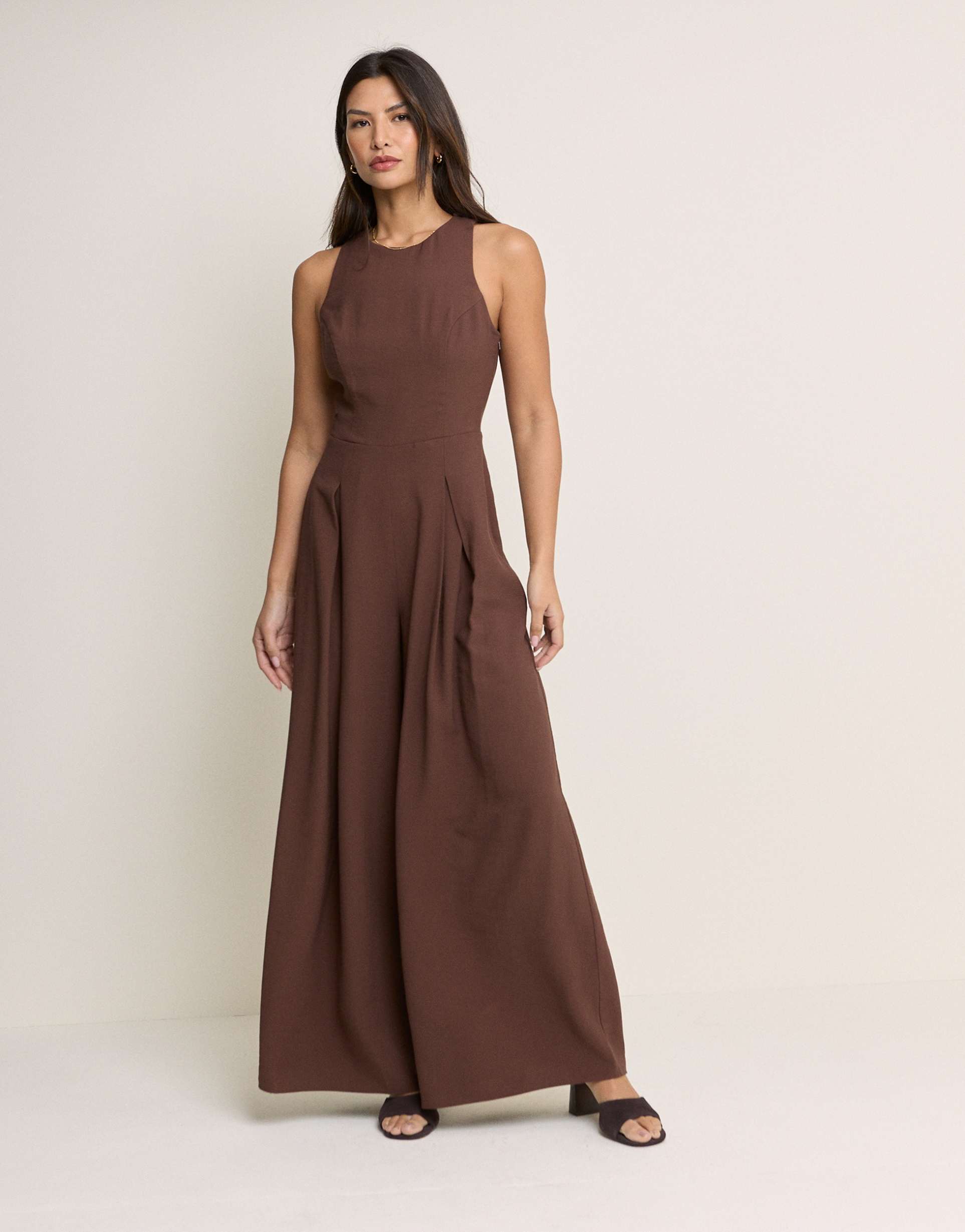 nobody's child reign linen blend sleeveless pleated detailing jumpsuit in brown