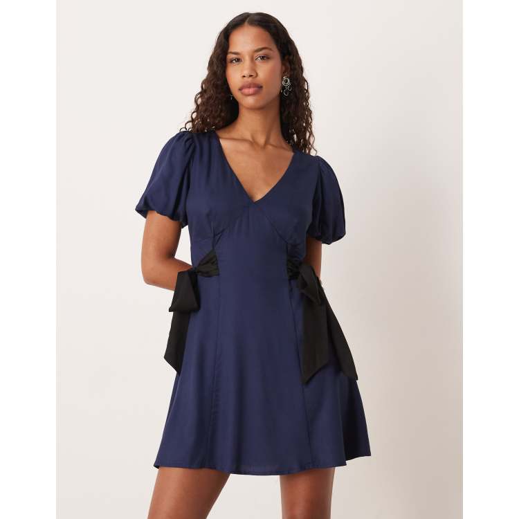 Nobody's Child Remi v neck puff sleeve bow side mini dress in blue