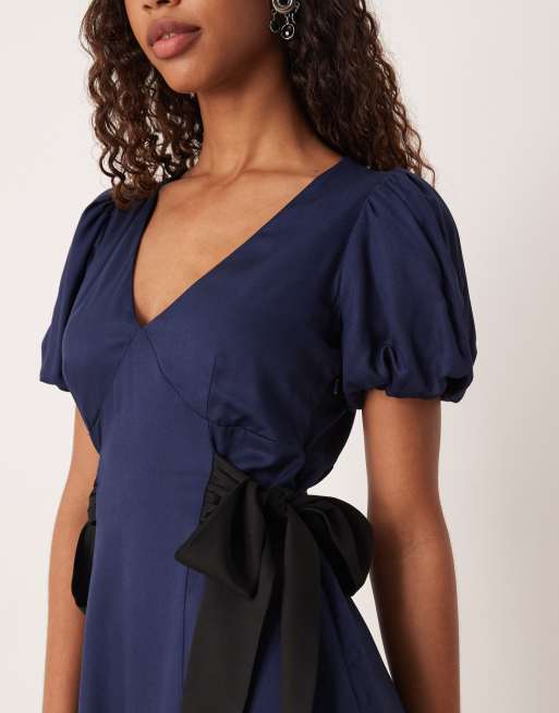 Nobody's Child Remi v neck puff sleeve bow side mini dress in blue, 3 of 4