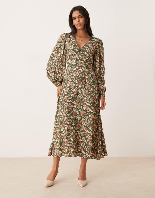 Nobody's Child - Remy - Midi-jurk met ballonmouwen, bloemenprint en V-hals in groen