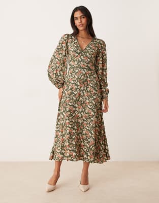 Nobody's Child Remy v-neck balloon sleeve midi dress in green floral