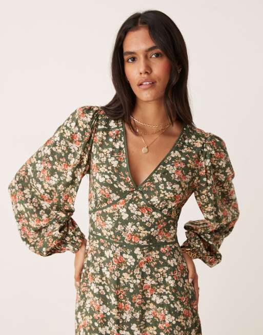 Nobody's Child Remy v-neck balloon sleeve midi dress in green floral