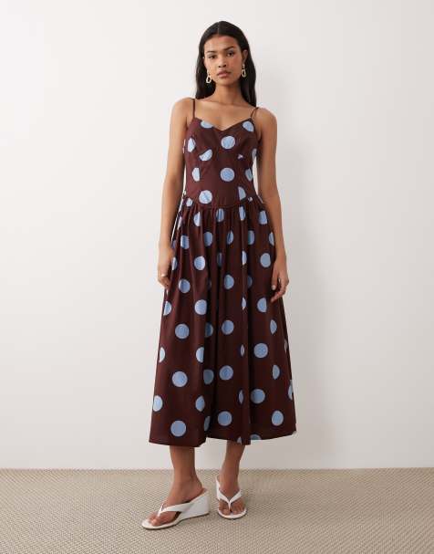 Nobody's Child - Renley - Gelegenheidskleding - Katoenrijke midi slipdress in bruin met blauwe stippen - view 1