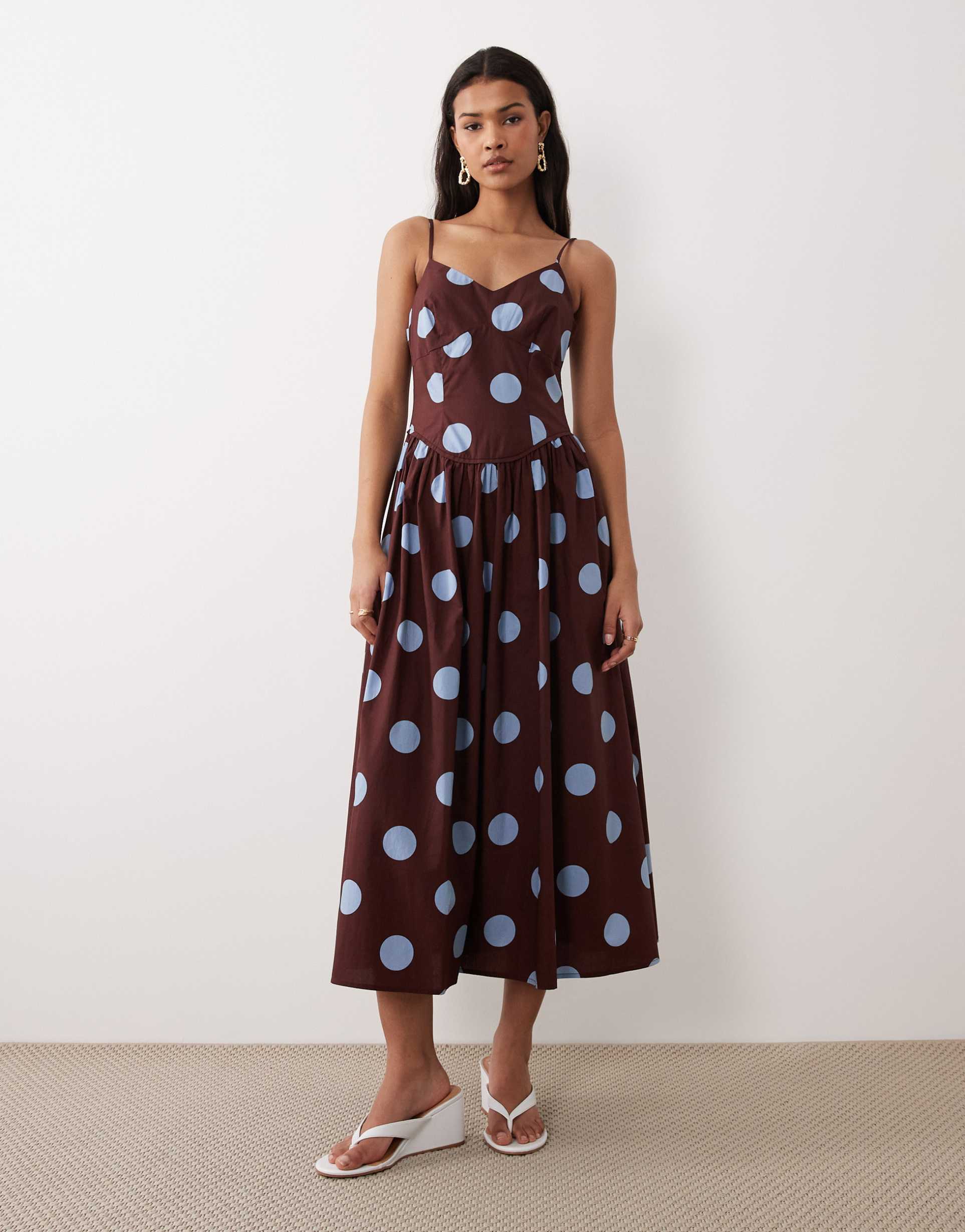 nobody's child renley occasion cotton rich slip midi dress in brown and blue polka dots