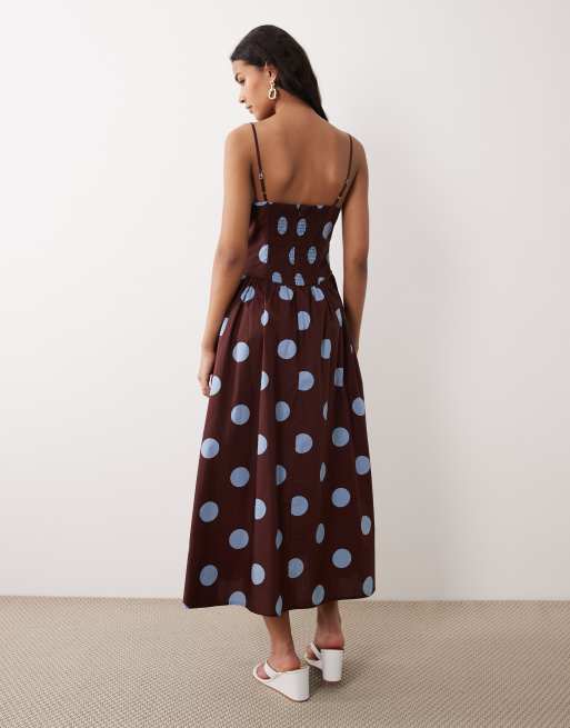 Nobody's Child - Renley - Vestito sottoveste midi da cerimonia in misto cotone marrone e blu a pois, 2 di 4
