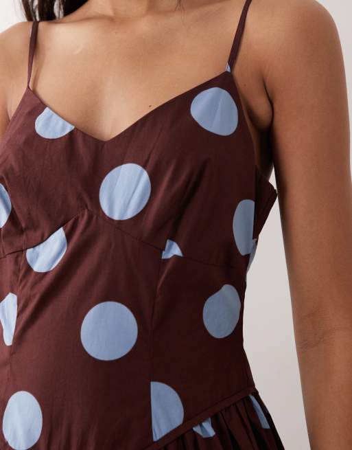 Nobody's Child - Renley - Vestito sottoveste midi da cerimonia in misto cotone marrone e blu a pois, 4 di 4
