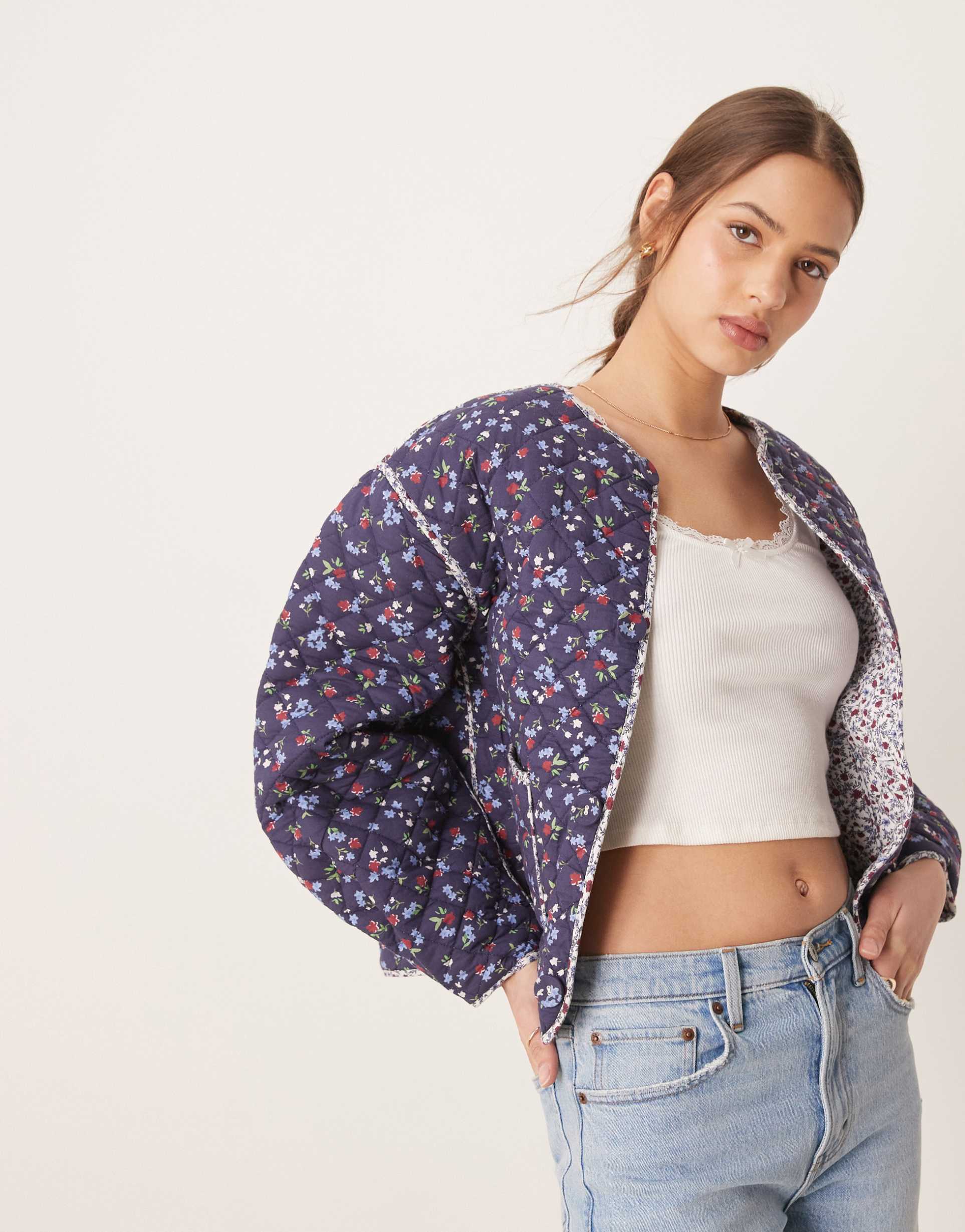 nobody's child reversible quilted jacket in cream ditsy