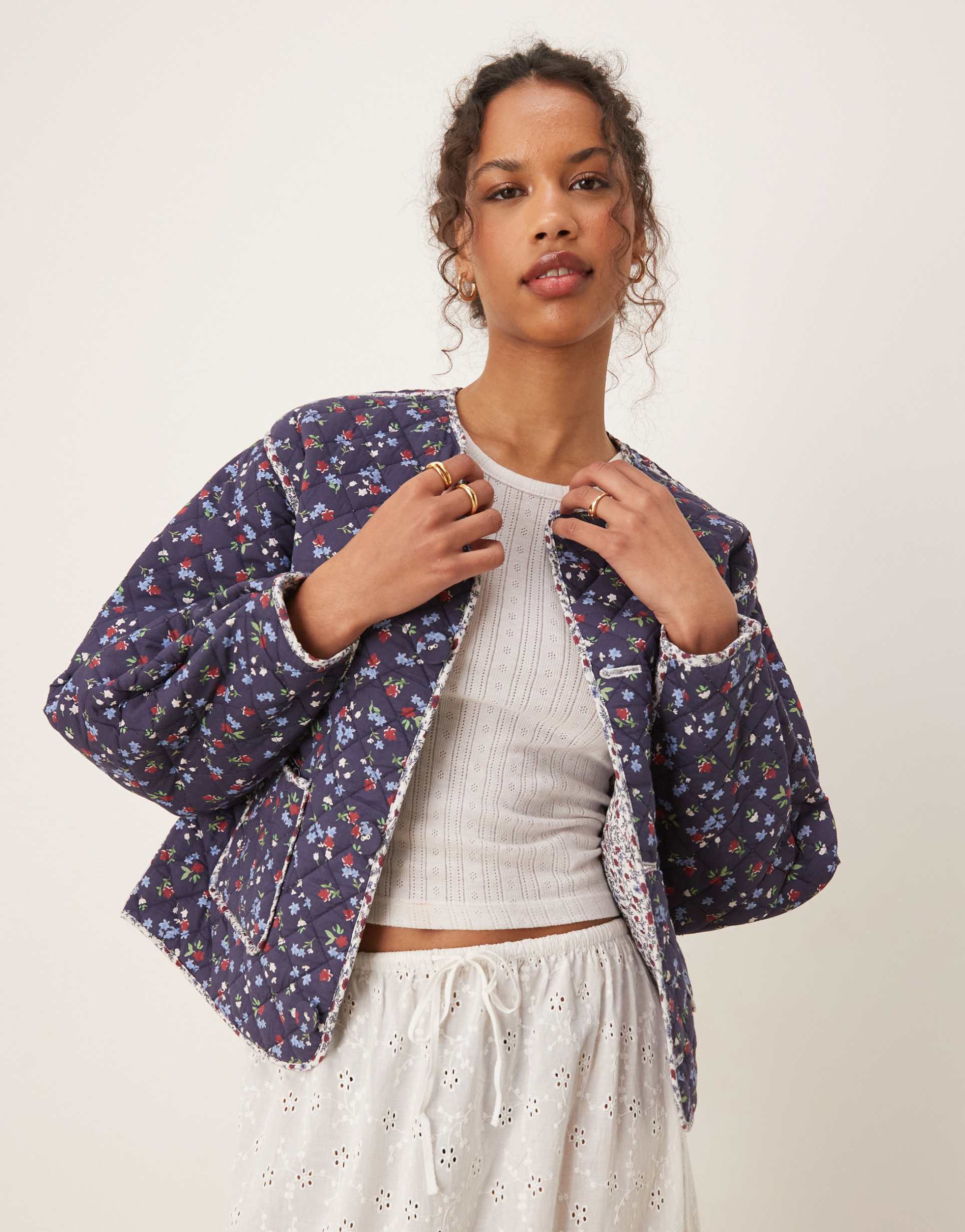 nobody's child reversible quilted jacket in cream ditsy