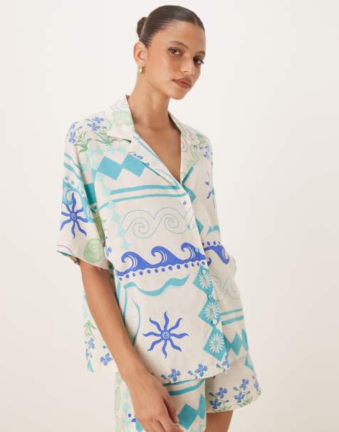Nobody's Child - Rhian - Chemise d'ensemble en lin - Blanc et bleu - view 1