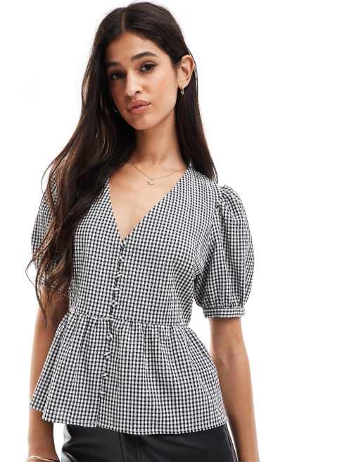 Nobody's Child - Ria - Blouse met gingham ruit, knoopsluiting en korte mouwen in zwart-wit