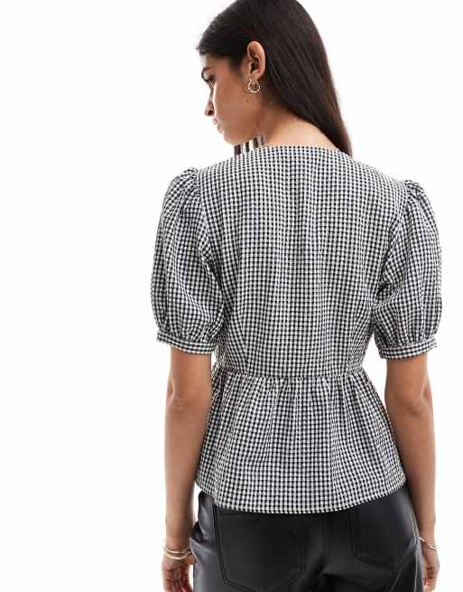 Nobody's Child - Ria - Blusa a maniche corte monocromatica a quadretti con bottoni, 3 di 4