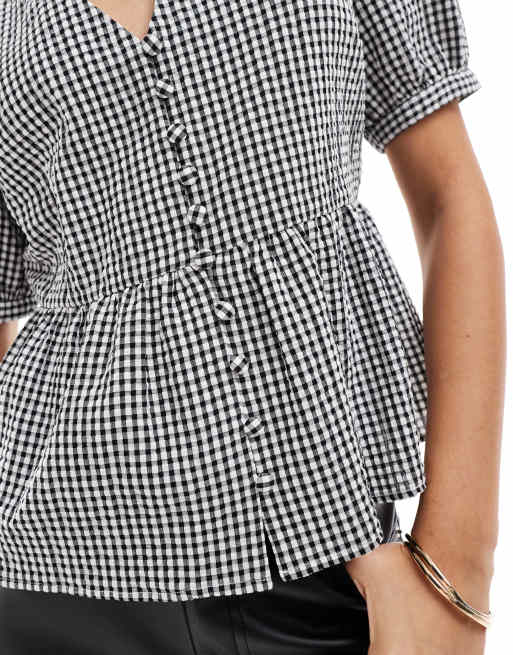 Nobody's Child - Ria - Blusa a maniche corte monocromatica a quadretti con bottoni, 4 di 4