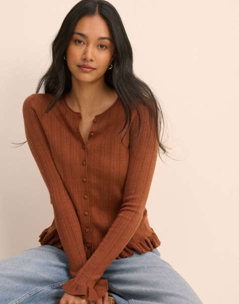 Nobody's Child Rib and ruffle sheer knit cardigan in brown - view 1