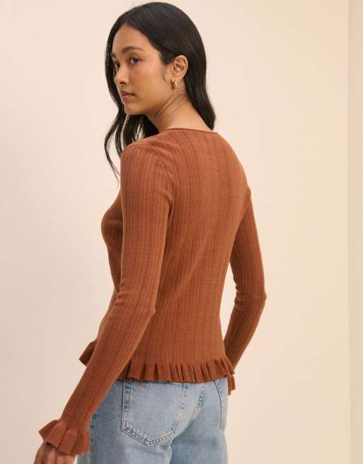 Nobody's Child Rib and ruffle sheer knit cardigan in brown, 2 of 5