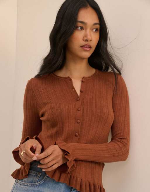 Nobody's Child Rib and ruffle sheer knit cardigan in brown, 4 of 5