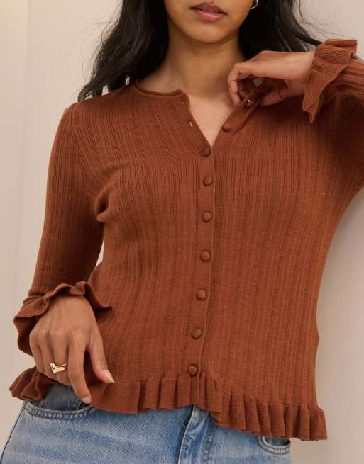 Nobody's Child Rib and ruffle sheer knit cardigan in brown, 5 of 5
