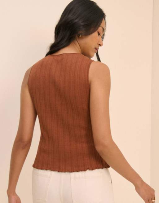 Nobody's Child Rib and ruffle sheer knit vest in brown, 2 of 5