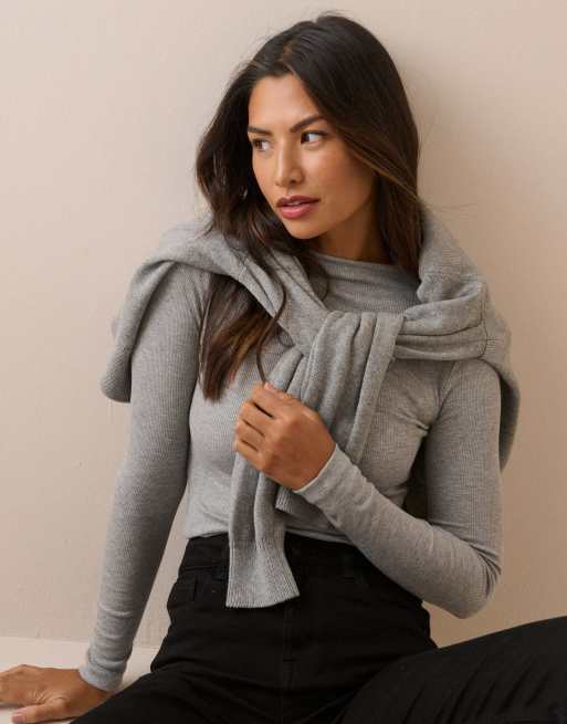 Nobody's Child Rib jersey long sleeve top in grey, 4 of 5