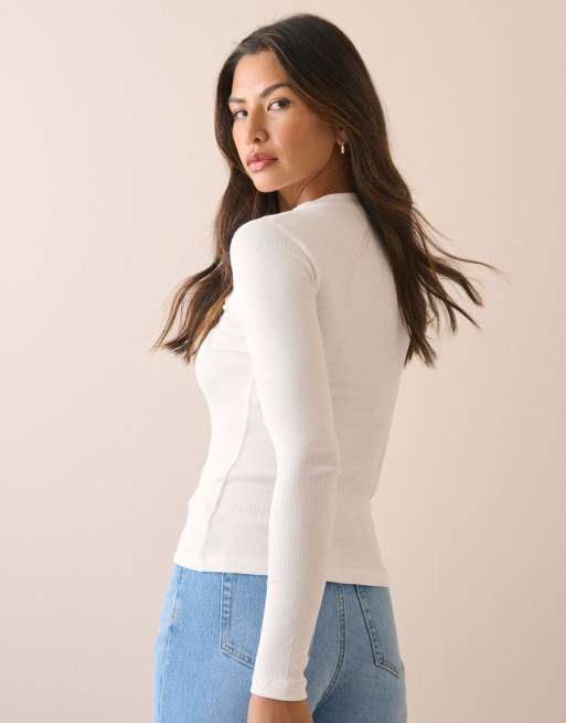 Nobody's Child Rib jersey long sleeve top in white, 5 of 5