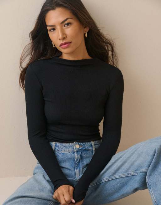 Nobody's Child Ribbed boat neck jersey top in black, 5 of 5