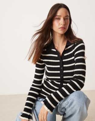 Nobody's Child Nobody's Child ribbed button through top in knitted stripe-Black