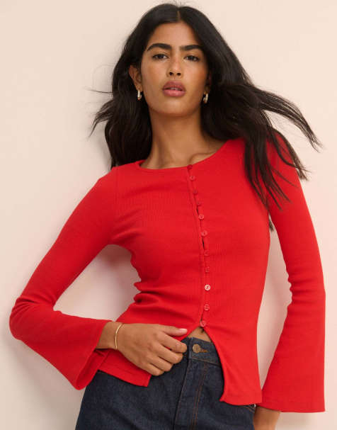 Nobody's Child Ribbed flared sleeve cardigan in red - view 1