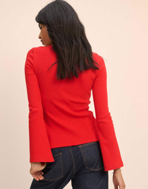 Nobody's Child Ribbed flared sleeve cardigan in red, 2 of 5