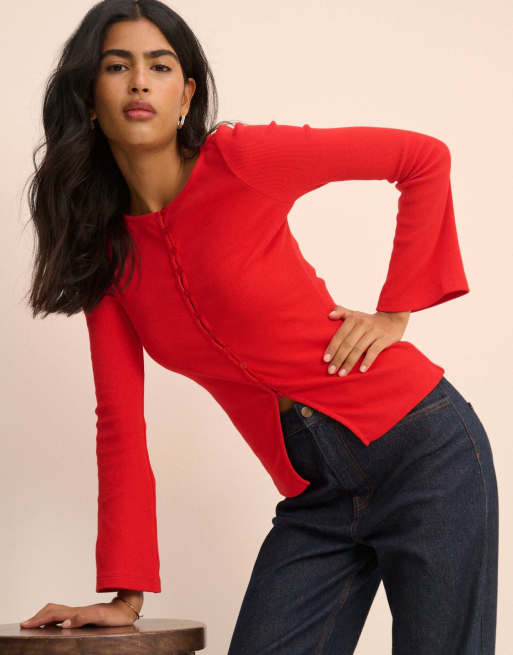 Nobody's Child Ribbed flared sleeve cardigan in red, 4 of 5