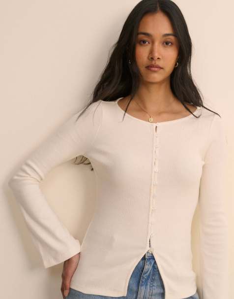Nobody's Child Ribbed flared sleeve jersey cardigan in white - view 1