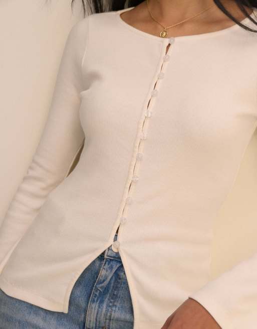 Nobody's Child Ribbed flared sleeve jersey cardigan in white, 5 of 5