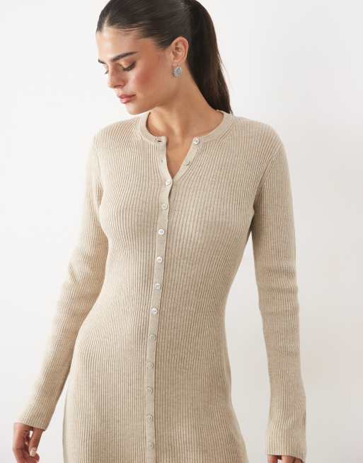 Nobody's Child ribbed jersey button through maxi dress in beige, 2 of 4