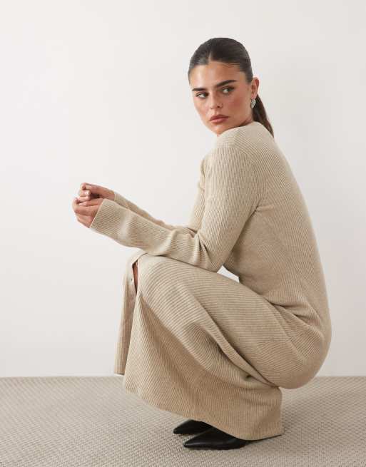 Nobody's Child ribbed jersey button through maxi dress in beige, 3 of 4