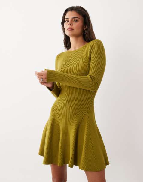 Nobody's Child ribbed jersey crew neck skater mini dress in chartreuse - view 1
