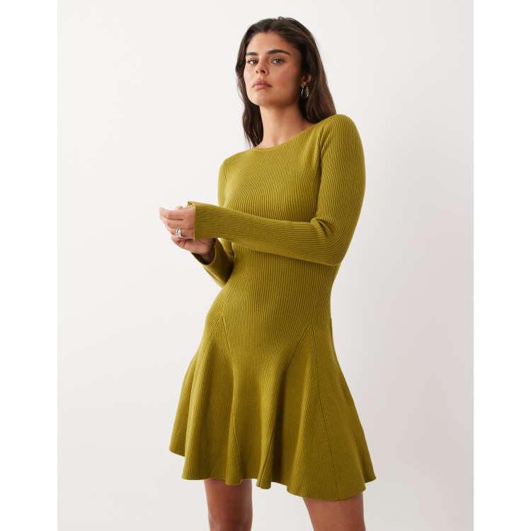 Nobody's Child ribbed jersey crew neck skater mini dress in chartreuse