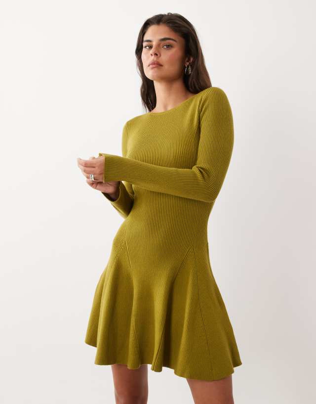 crew neck jersey dress Nobody's Child ribbed skater mini in chartreuse Overstock2025