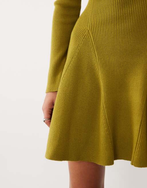 Nobody's Child ribbed jersey crew neck skater mini dress in chartreuse, 4 of 4