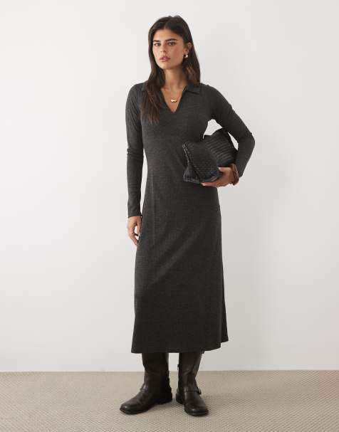 Nobody's Child ribbed jersey soft collared maxi dress in charcoal - view 1